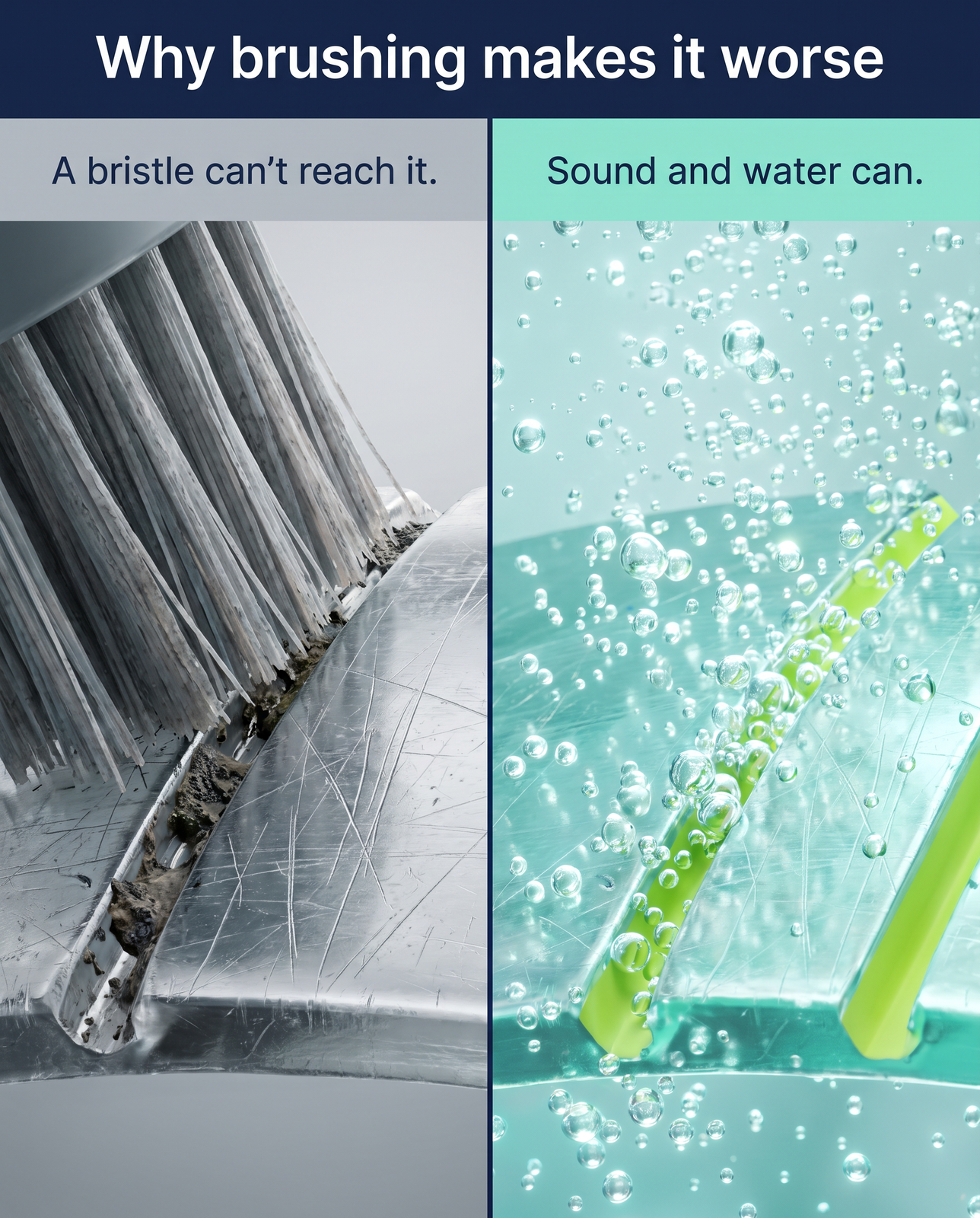 Why brushing makes it worse: a bristle can't reach, sound and water can